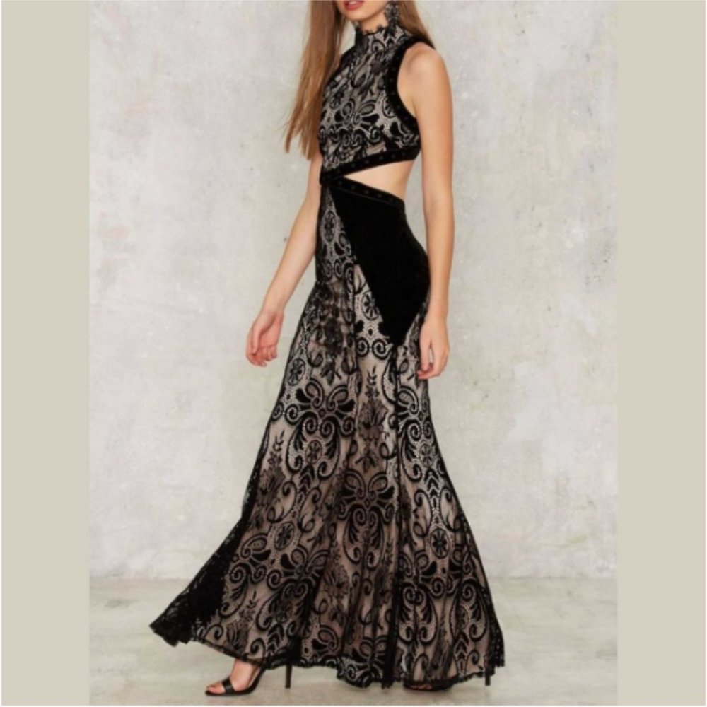Nasty Gal Black Lace Velvet Studded Formal Gown